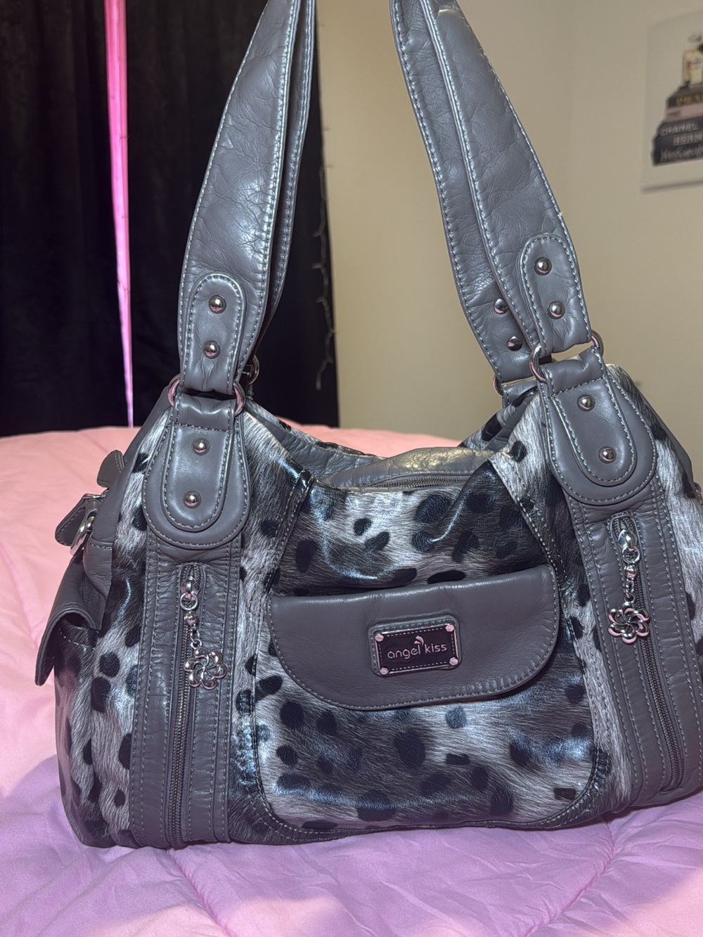 Angel Kiss Gray Leopard-Print Shoulder Bag with Silver Hardware